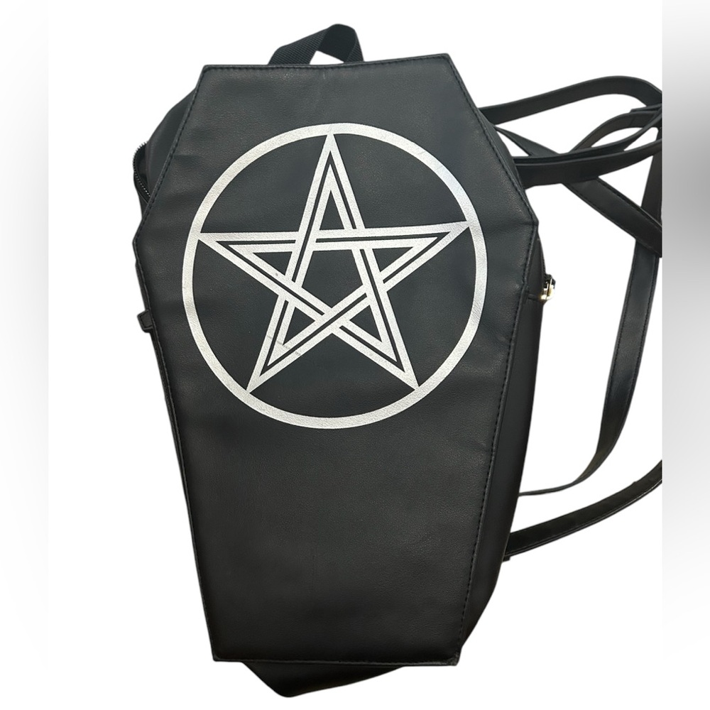 Spencer's Black Coffin Backpack with Silver Pentagram